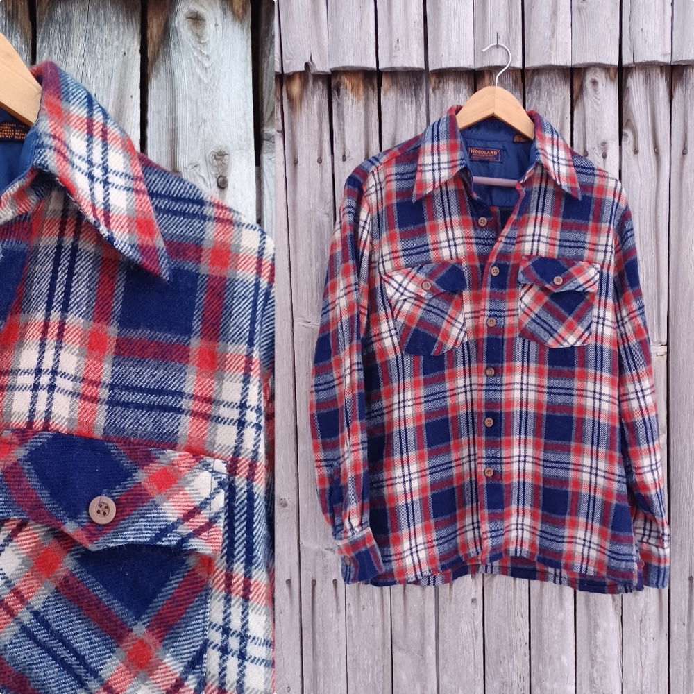 Vintage 70s Woodland red navy blue plaid shacket button down shirt jacket mens M